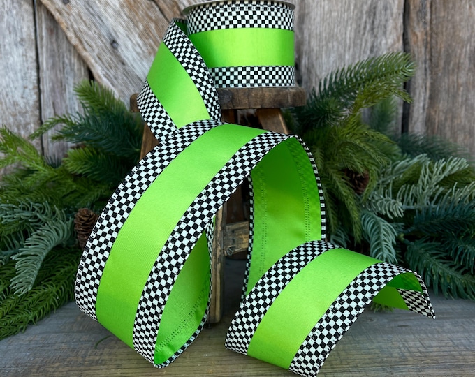 2.5" Ribbon, Lime Green with Black White Checkered Border, Halloween Ribbon