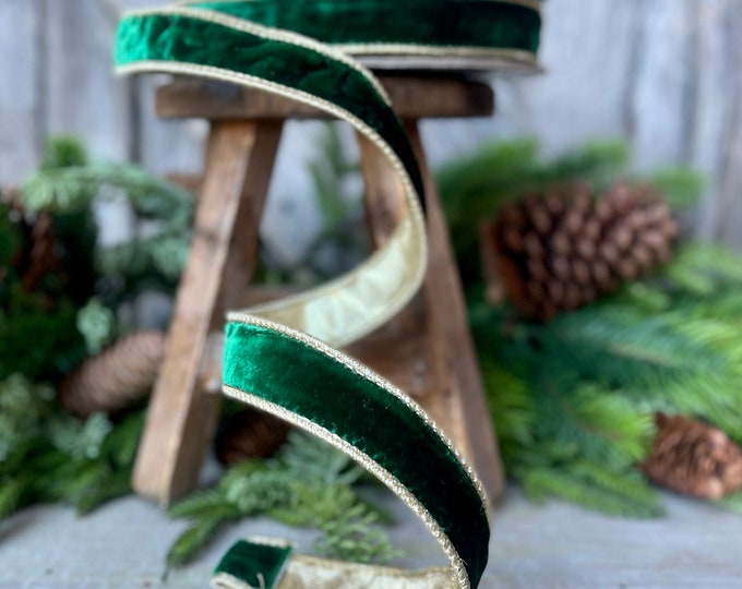 1" Emerald and Gold Velvet Ribbon, Green Velvet Ribbon, Wired Ribbon, Christmas Ribbon, Christmas Decor, 1 inch Velvet Ribbon