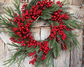 24" Christmas Red Berry Wreath, Cranberry Wreath, Red Wreath, Christmas Front Door, Woodsey Christmas Wreath, Artificial Wreath