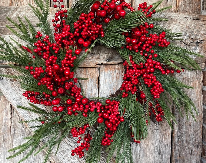 24" Christmas Red Berry Wreath, Cranberry Wreath, Red Wreath, Christmas Front Door, Woodsey Christmas Wreath, Artificial Wreath