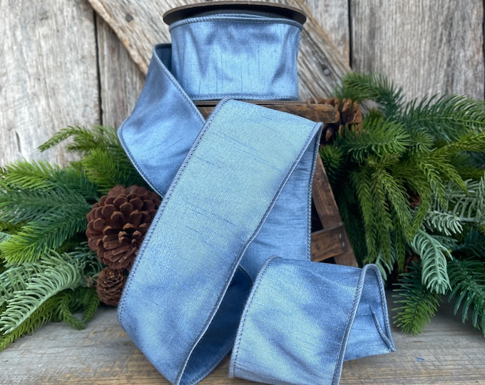 2.5" French Blue Dupioni Ribbon, Wired Ribbon, Narrow Ribbon, Christmas Ribbon, Ribbon for Bows, Blue Ribbon, Dupioni Ribbon