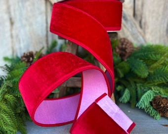 2.5" Red Pink Velvet Ribbon, Farrisilk Ribbon, Wired Ribbon, Pink Ribbon, Pink Red Ribbon, Designer Ribbon, Christmas, RK741-02