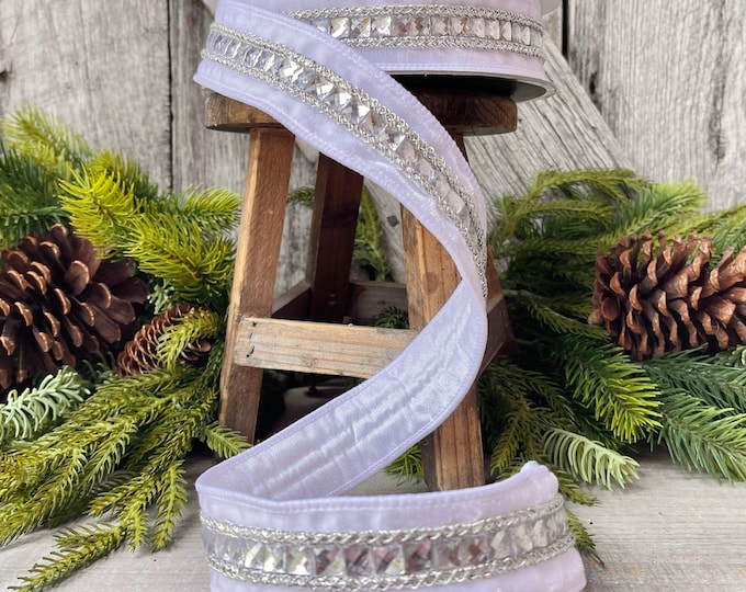 1.5" White Gemstones, Farrisilk, White Jeweled RIbbon, Rhinestone Ribbon, White Christmas Ribbon, Designer RIbbon, Farrisilk Gemstone Ribbon