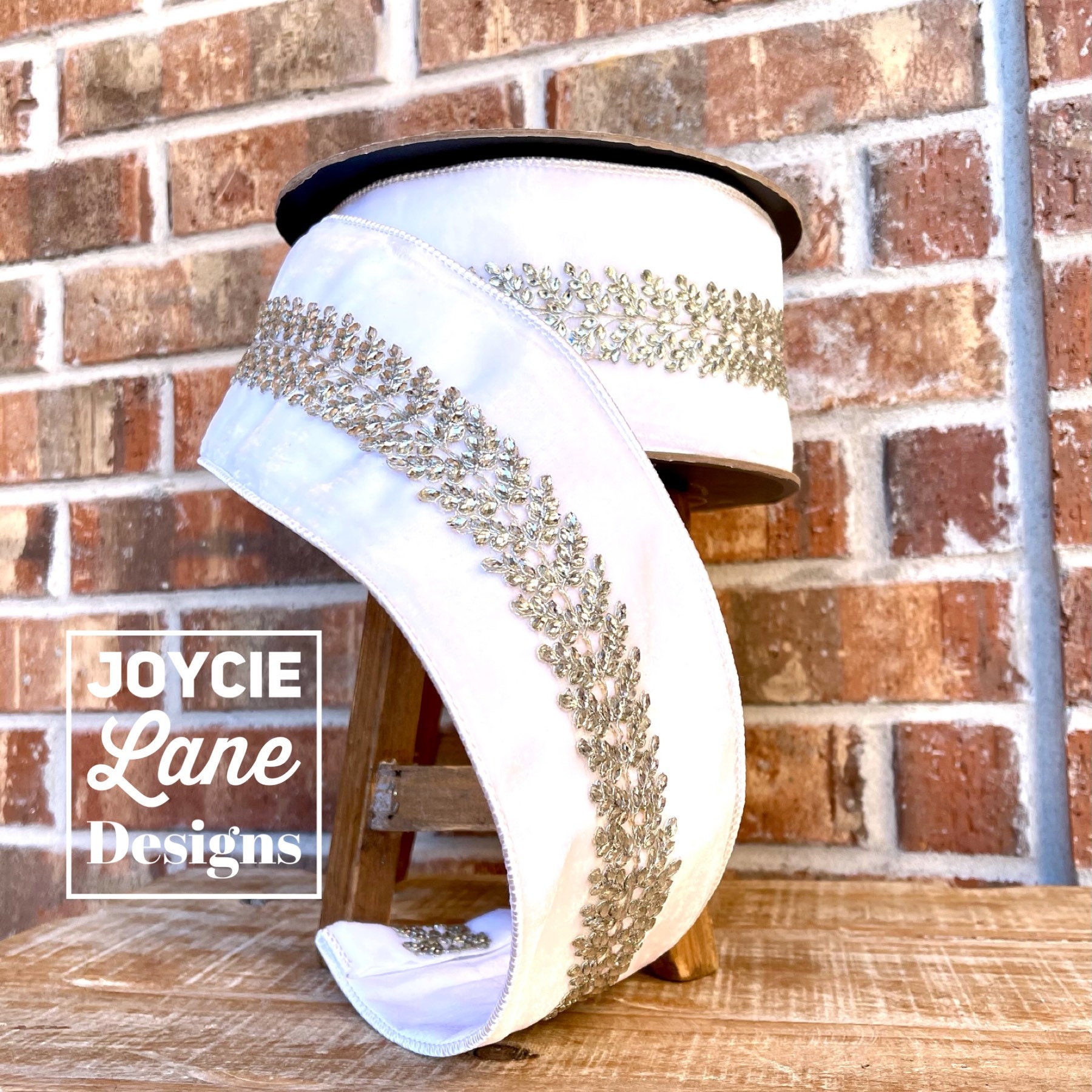 D Stevens ribbon, velvet jeweled ribbon, white ribbon, 4 inch ribbon