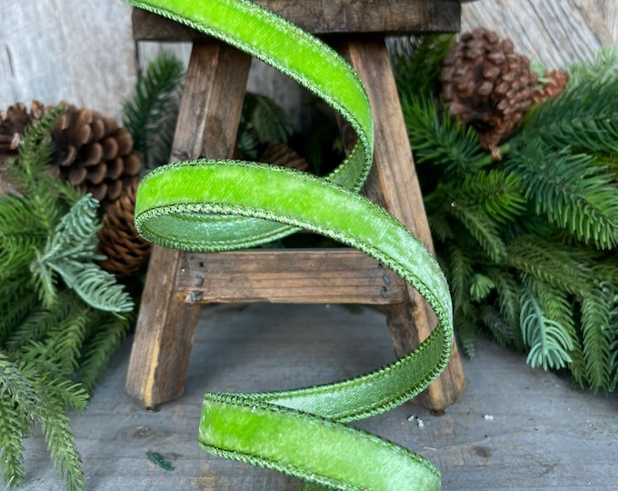3/4" Bright Lime Green Velvet Ribbon, Farrisilk ribbon, Christmas Ribbon, Halloween Ribbon, Green Velvet Ribbon, Lime Green Ribbon, RV000-66