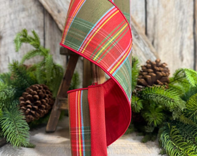 4" RedGreen Christmas Plaid Ribbon, Wired Ribbon, Tartan Chirstmas Plaid RIbbon