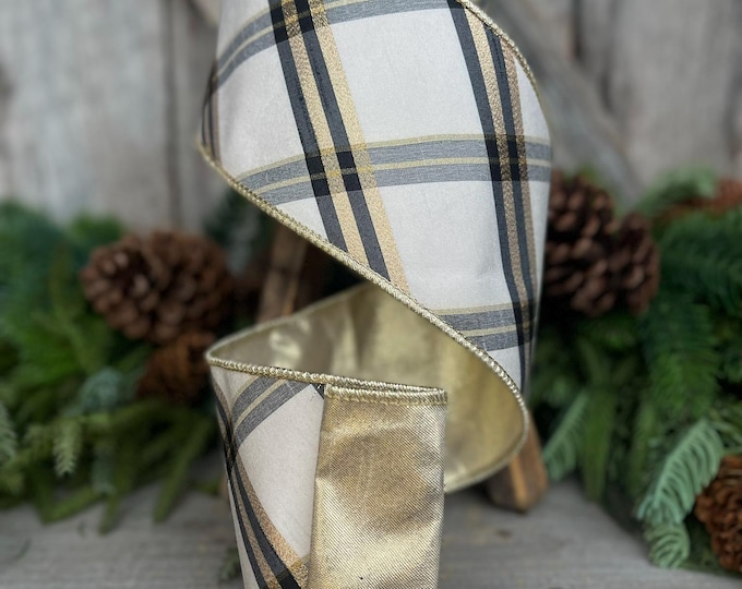 4" Ivory Black Gold Plaid Ribbon, Christmas Ribbon, Ivory Christmas Plaid, Wired Ribbon, Off White Ribbon, Cream Ribbon, Cream Plaid