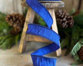 1” Royal Blue Dupioni Ribbon, Christmas Ribbon, Bright Blue Ribbon, Royal Blue wired ribbon, narrow ribbon, Nutcracker theme ribbon