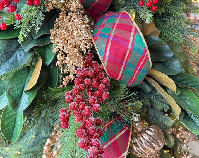 4" Christmas Plaid Ribbon, Red Green Gold Plaid Ribbon, Traditional Christmas Ribbon, Wired RIbbon, Classic Christmas Plaid Ribbon