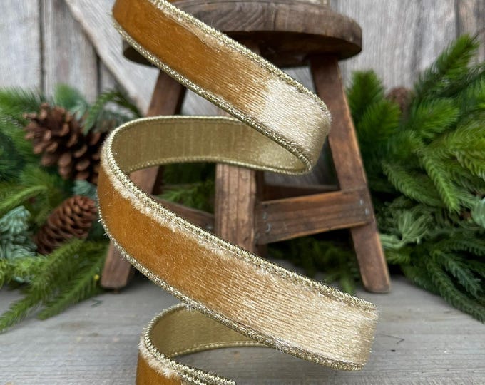 1" Gold velvet Ribbon, Champagne Gold ribbon, Gold ribbon, Christmas Ribbon, Velvet Ribbon, Narrow Ribbon, Gold Christmas Decor