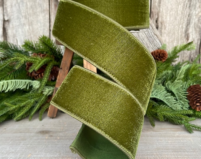 2.5" Forest Green Velvet Ribbon, Farrisilk Ribbon, Wired Ribbon, Christmas Ribbon, Moss Green Ribbon, Craft Supply, Olive Green Ribbon,Wired