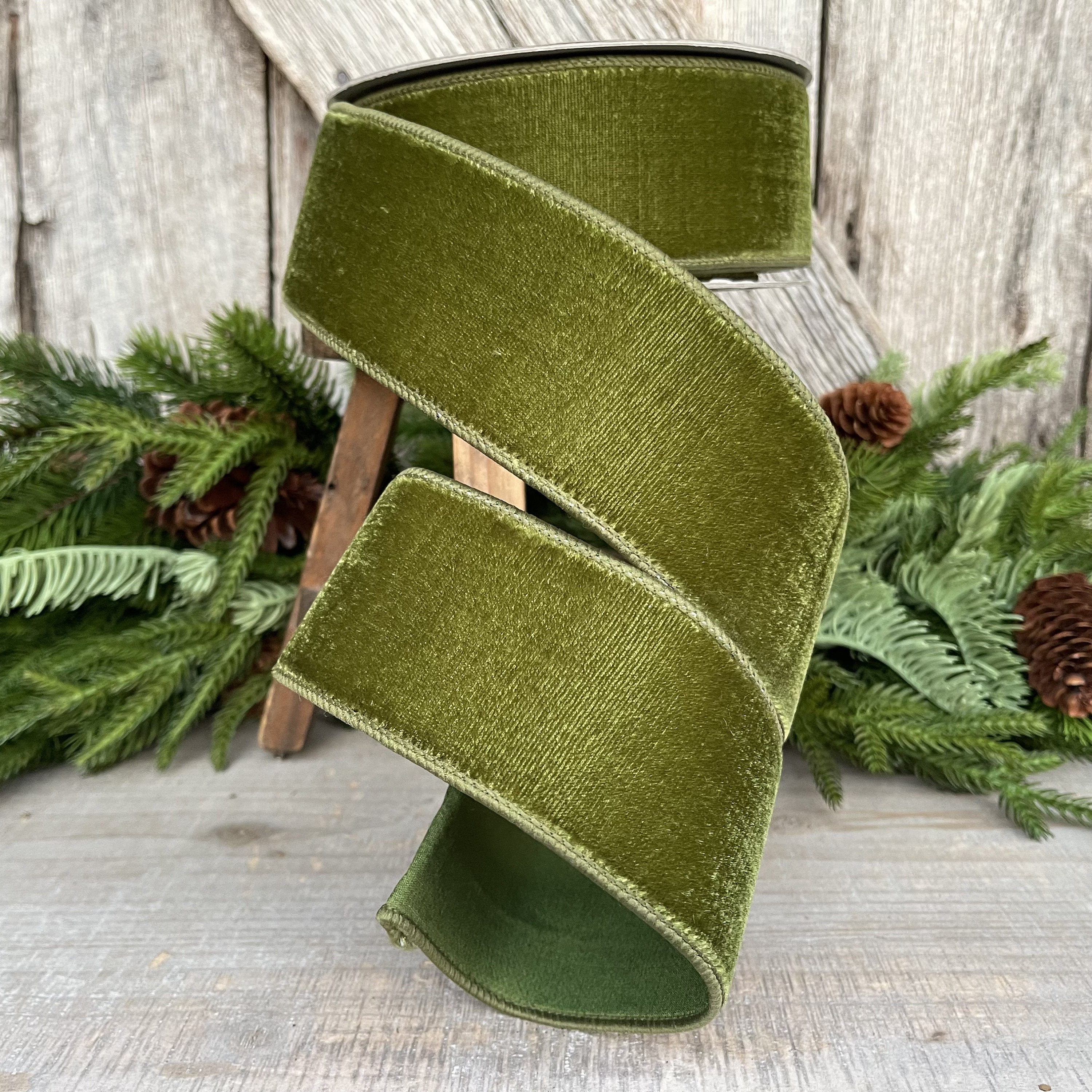 2.5 Forest Green Velvet Ribbon, Farrisilk Ribbon, Wired Ribbon