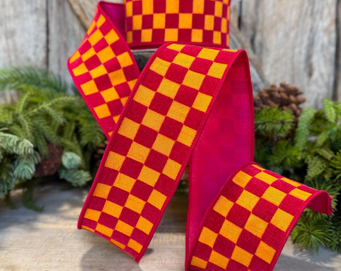 2.5" Pink Orange Retro Checks Ribbon, Farrisilk Ribbon, Flocked Ribbon, Halloween Ribbon