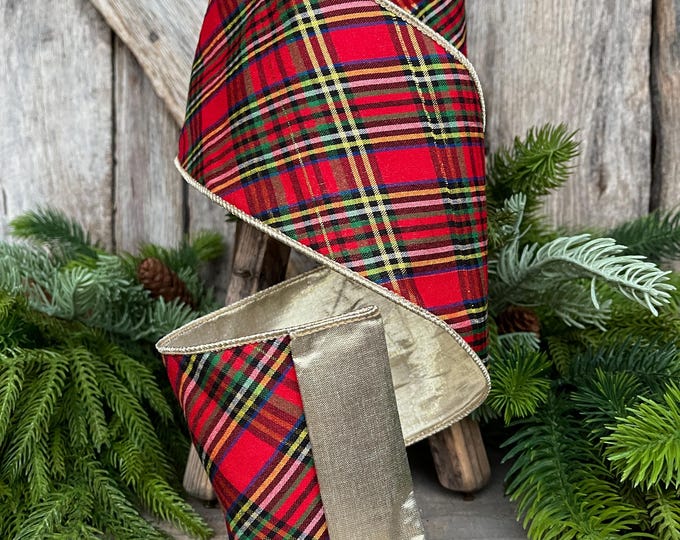 4" Traditional CHristmas Plaid, Wired Ribbon, Red Blue Chirstmas Plaid RIbbon, RIbbon for Treee, Christmas Plaid, 94593W-065-10F