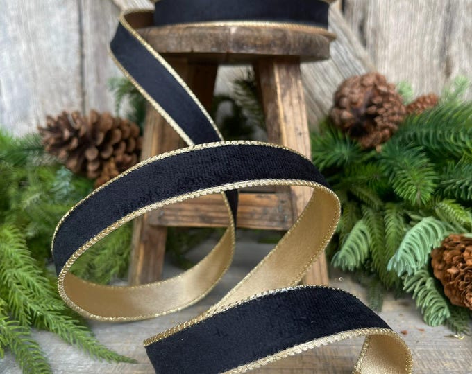 1" Black Velvet Ribbon, Wired RIbbon, Black Gold Velvet Ribbon, Christmas RIbbon, Designer Ribbon, Ribbon for Christmas Tree