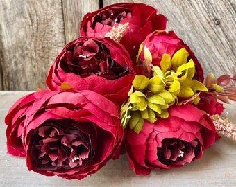 Red Fall Peony Bush, Fall Floral Bush, Artificial Floral Bush, Deep Red Peony Bush, Fall Flowers, Fake Flowers, Wreath Supply, Craft Supply