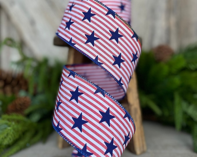 2.5" Stars and Stripes Patriotic Ribbon, Patriotic Wired Ribbon, American Ribbon, 4th of July ribbon, Americana Decor, RGF1035W7