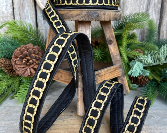 1" Black Gold Chain Ribbon, Farrisilk Ribbon, Beverly Chain Ribbon, Christmas Ribbon, RC270-92