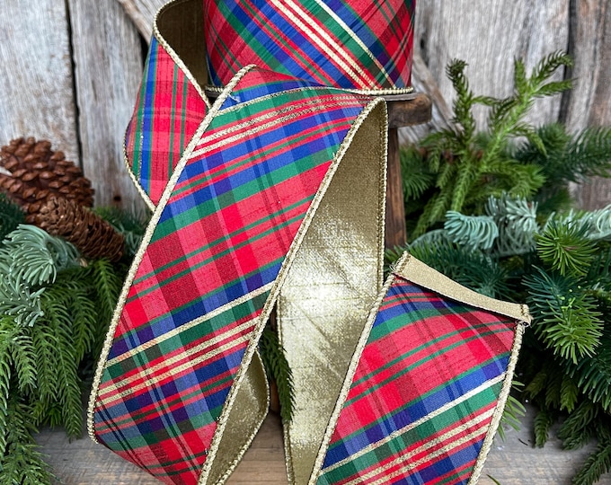 2.5" Christmas Plaid Ribbon, Red Blue Plaid Ribbon, Tartan Plaid Ribbon, Yuletide Plaid Ribbon