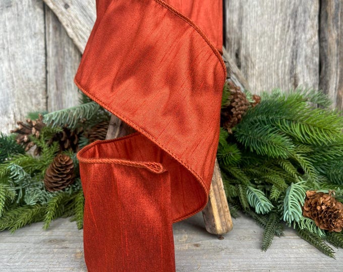 4" Rust Orange Dupioni Ribbon, Wired Ribbon, Fall Ribbon, Christmas RIbbon, Dupion Ribbon, Designer Ribbon