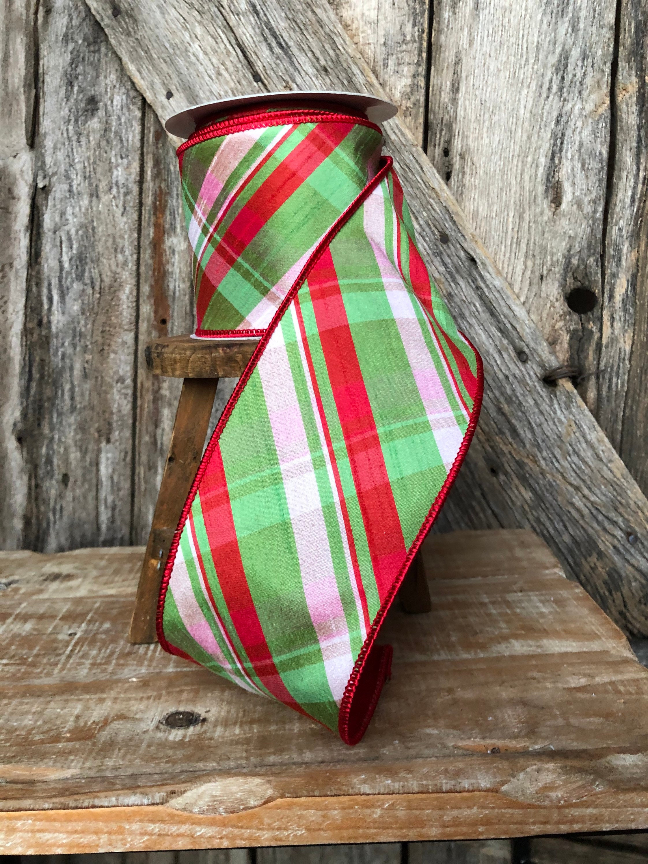 Christmas ribbon, Christmas tree ribbon, red green plaid ribbon