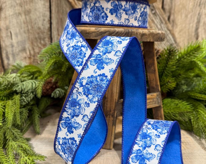 1.5" Blue Chinoiserie Floral Ribbon, Blue & White Floral Wired Ribbon, Designer Ribbon