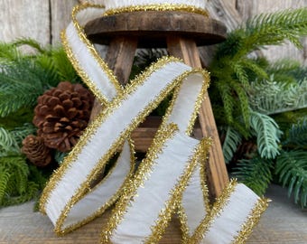 1" Ivory Gold Ribbon, Ivory & Gold Tinsel Ribbon, Christmas RIbbon, Ivory Ribbon, Designer Ribbon,Gift Wrap Ribbon