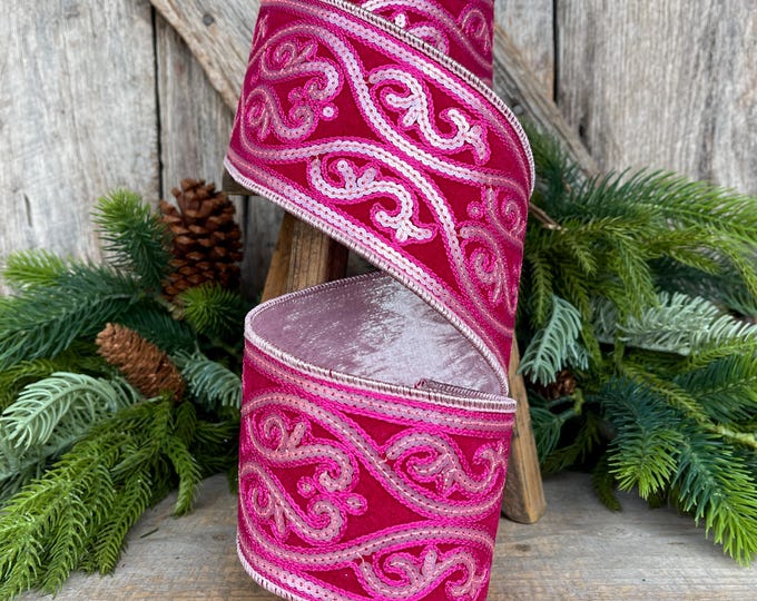 4" Hot Pink Sequin Ribbon, Farrisilk Ribbon, Morris Tapestry Ribbon, Hot Pink & Light Pink Ribbon, Christmas Ribbon, Tree Ribbon,  RK805-15