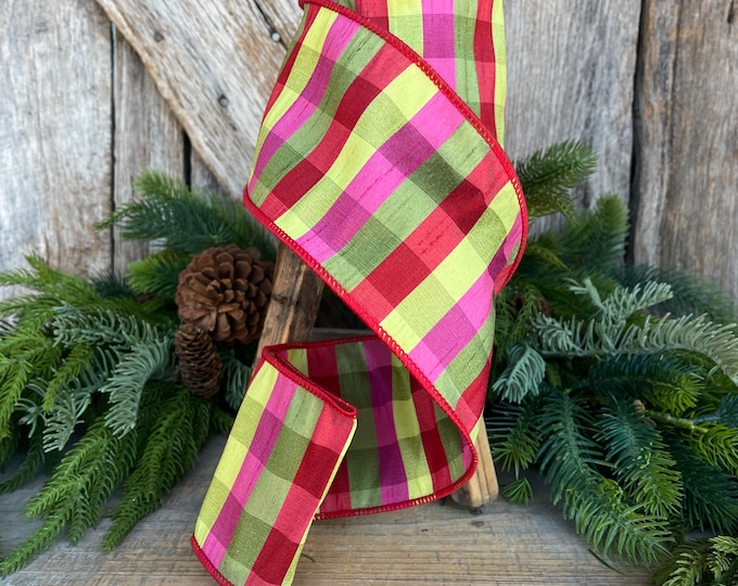 4" Fuchsia, Lime Red Plaid Wired Ribbon, Designer Christmas Ribbon for Wreaths, Trees & Bows