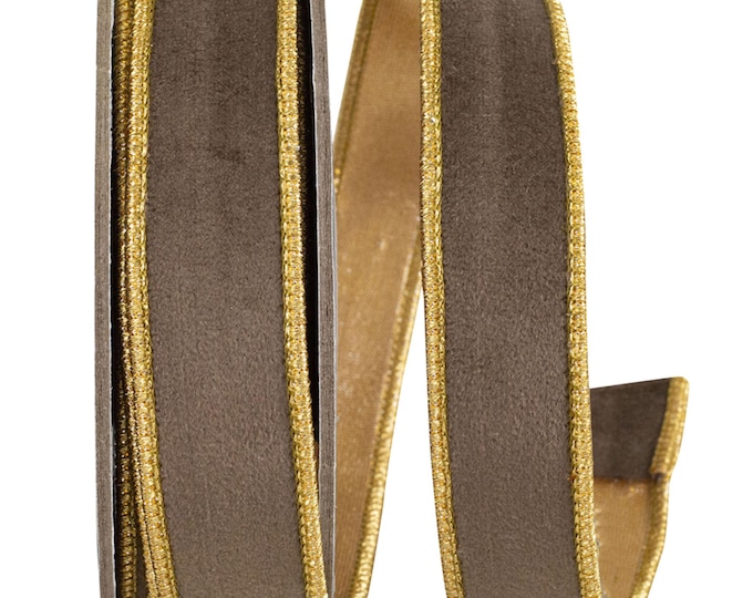 1" Brown Velvet Wired Ribbon with Gold Metallic Dupioni Backing, 5 Yard Roll