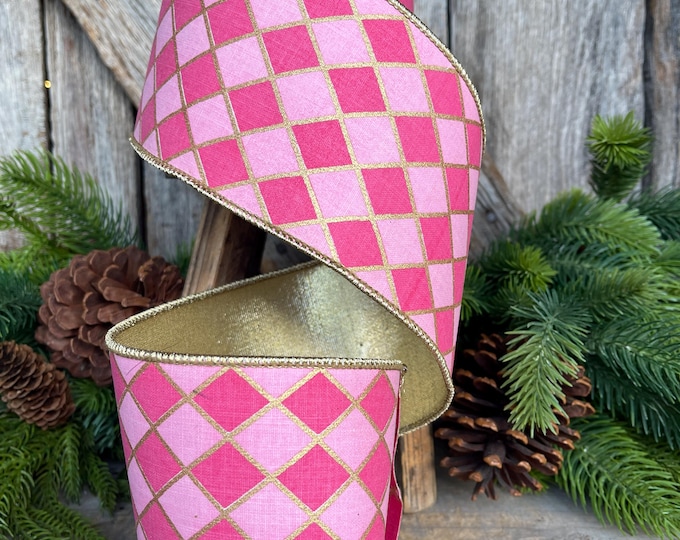 4" Pink Harlequin Ribbon, Wired Ribbon, Designer Ribbon, 2 Tone Pink Ribbon, Diamond Ribbon, 94562W-372-10D