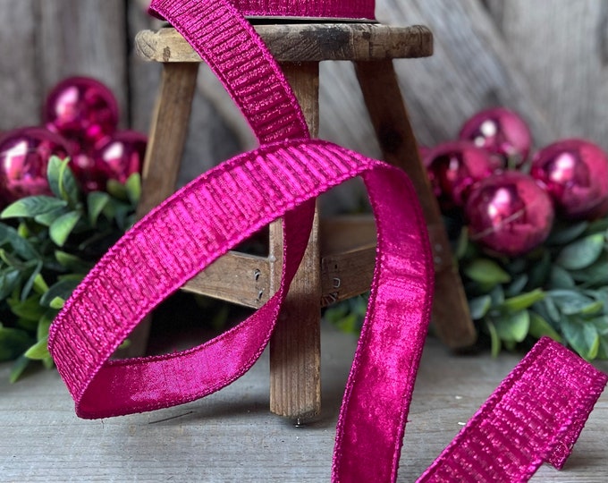 1" Hot Pink Pleated Metallic Ribbon, Fuchsia Ribbbon, Farrisilk Ribbon, Hot PInk Ribbon, Designer Ribbon, 1 inch ribbon, Wreath supply, Pink