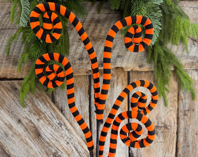 30" Orange Black Striped Halloween Spray, Curly Spray