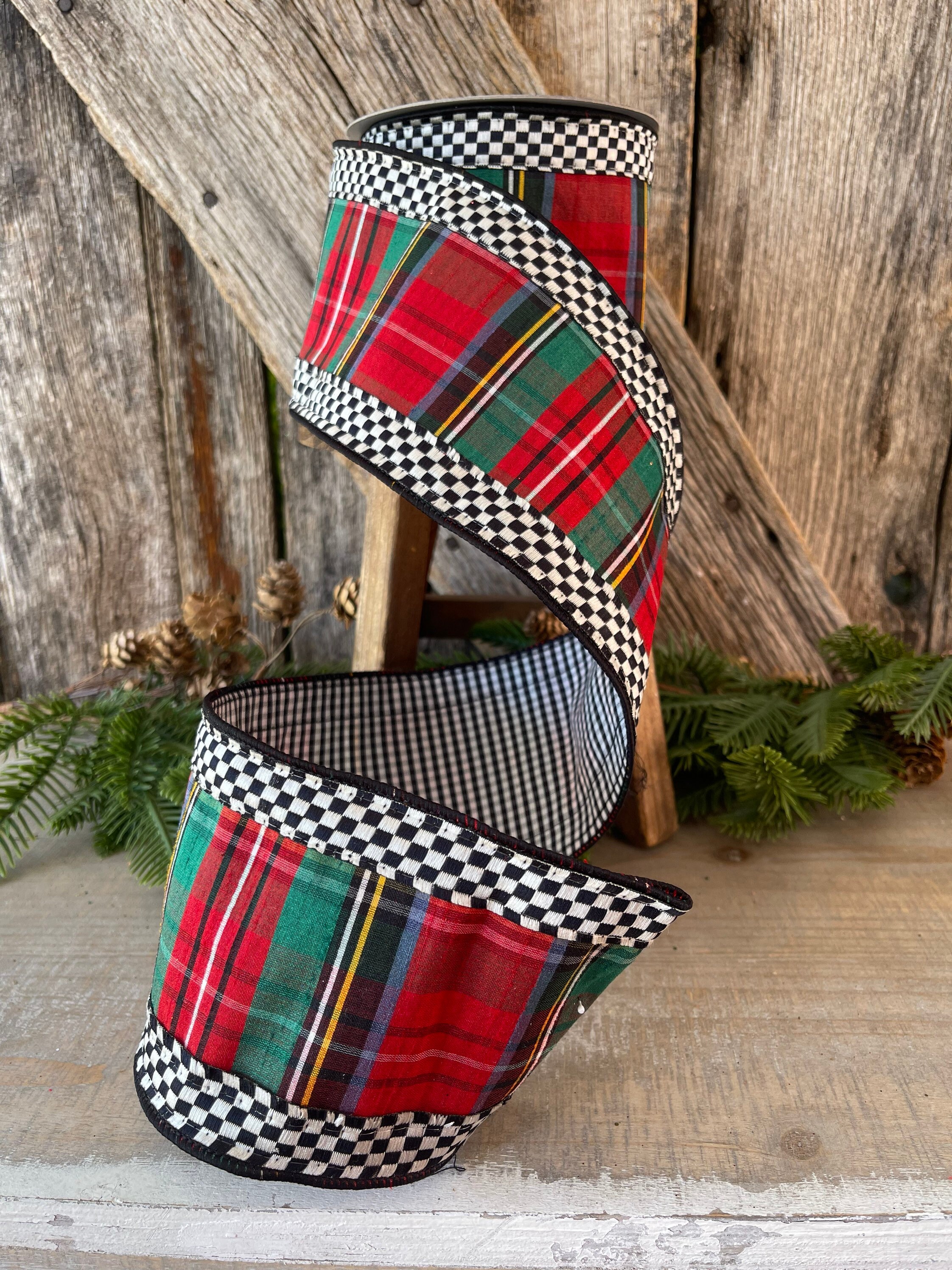 Christmas Plaid mini check plaid, Farrisilk ribbon, 4 inch ribbon, Christmas Tree ribbon, wired ribbon, luxury ribbon, black white check Christmas Plaid mini check plaid, Farrisilk ribbon, 4 inch ribbon, Christmas Tree ribbon, wired ribbon, luxury ribbon, black white check