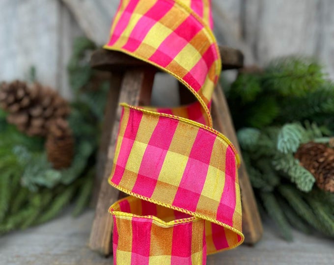 2.5" Hot Pink Yellow Plaid Ribbon, Dupion, Spring Ribbon, Yellow Pink RIbbon, Dupion Ribbon, Designer RIbbon, Summer Ribbon