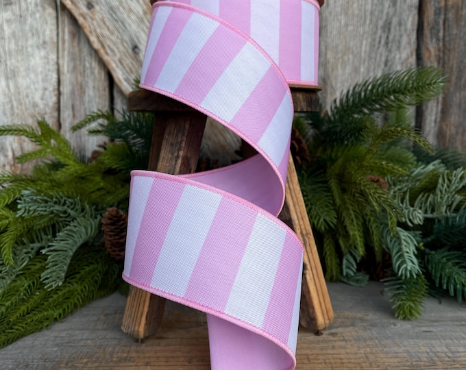 2.5” Pink Stripe Wired Ribbon – Spring Easter Ribbon, Designer Pastel Ribbon for Wreaths