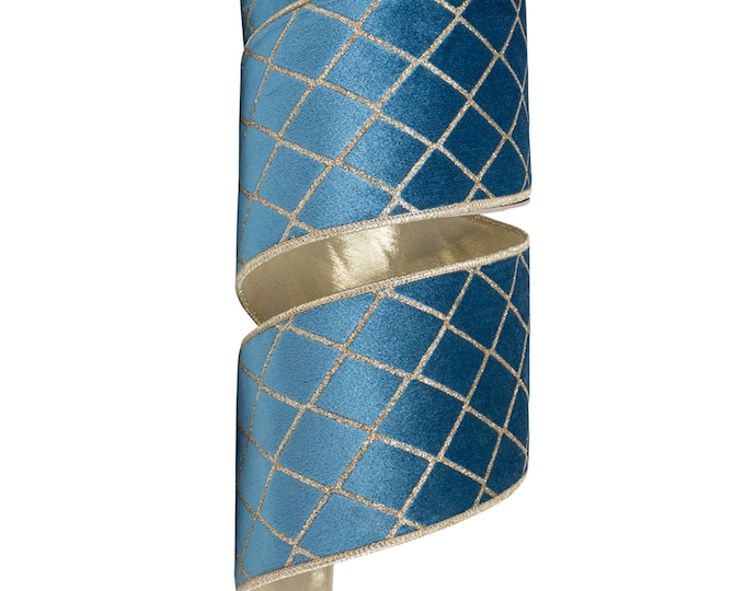 4" Dusty BLUE Metallic Diamonds Velvet Ribbon, Blue Christmas Ribbon