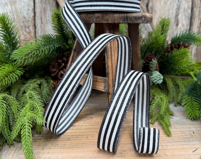 1" Black and White Mini Glitter Stripes Wired Ribbon by Farrisilk