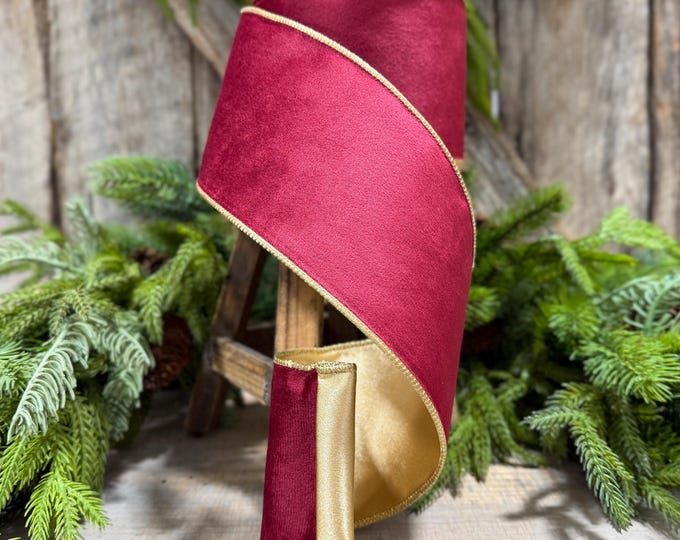 4" Burgundy Gold Velvet Ribbon, Burgundy Velvet Ribbon, Christmas RIbbon, Red and Gold Velvet Ribbon, Designer Ribbon, Gift Wrap Ribbon