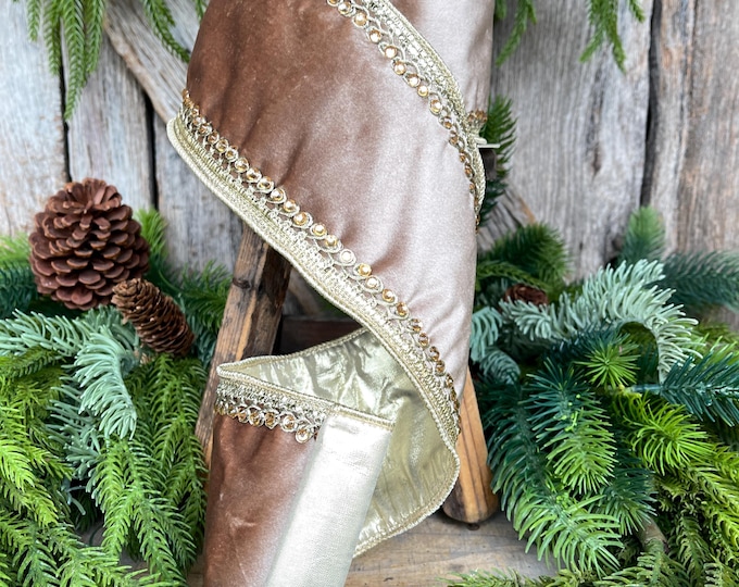 4" Champagne Jewel Velvet Ribbon, Christmas Ribbon, Champagne Gold Ribbon