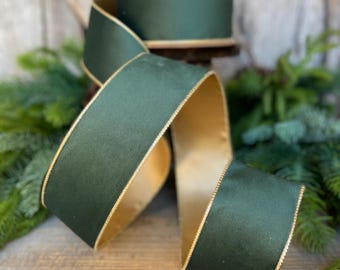 2.5" Green Velvet Ribbon, Green & Gold Velvet Ribbon, Christmas RIbbon, Hunter Green Velvet Ribbon