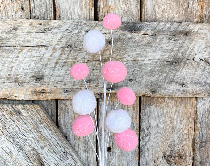 28" Pink White Pom Pom Spray, Easter Spray, Spring Picks Stems, Floral SUpply, Wreath Supply, Pink and White Ball Spray