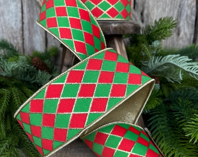 2.5" Red and Green Harlequin Ribbon, Christmas Ribbon, Harlequin Ribbon, Red Green Ribbon, Wired RIbbon, Designer Ribbon, 94562W-592-40D
