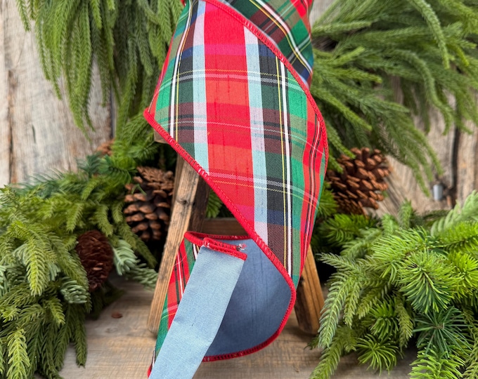 4" Dusty Blue Christmas Plaid Ribbon, Wired Ribbon, Red Blue Chirstmas Plaid RIbbon