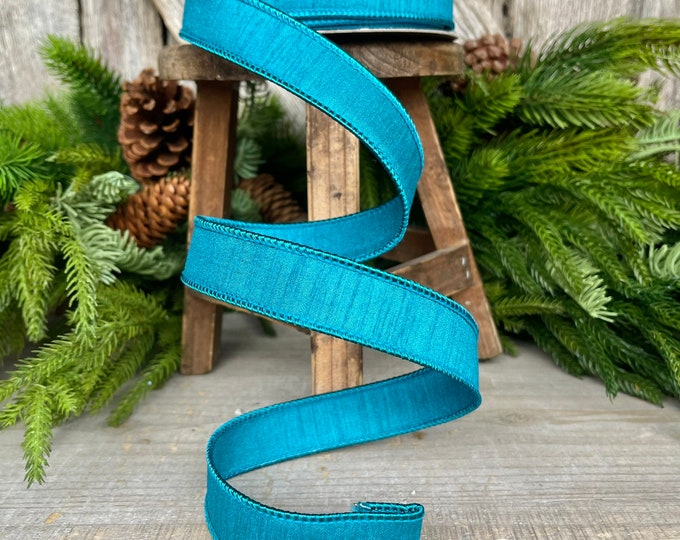 1" Turquoise Dupion Ribbon, Farrisilk ribbon, wired ribbon, Christmas Ribbon, Jewel Tone Ribbon, Turquoise ribbon, Teal Ribbon, RK608-79