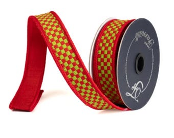1" Red Lime Green Ribbon, Farrisilk Ribbon, Kitschy Checks Ribbon