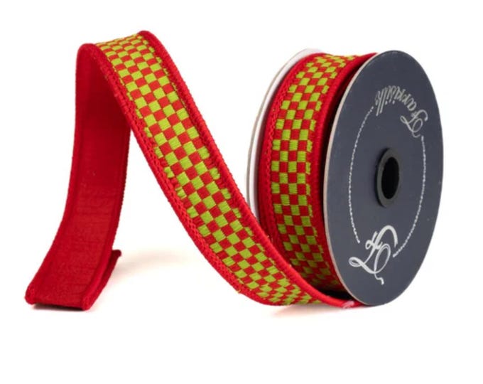 1" Red Lime Green Ribbon, Farrisilk Ribbon, Kitschy Checks Ribbon