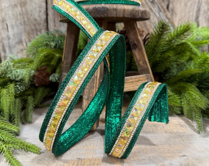 1" Emerald Green Jeweled Ribbon, Farrisilk Iridescent Delight Ribbon, Christmas Ribbon, RK943-55