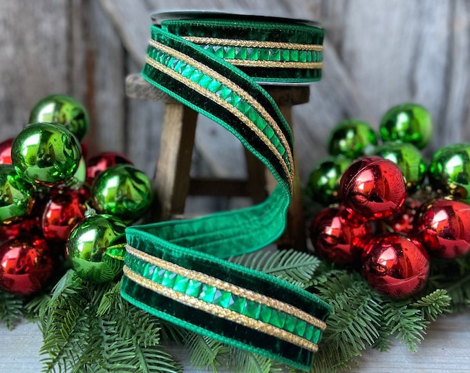 Green Emeral Cut Gemstones Ribbon, 1.5" Emerald velvet jeweled ribbon, Christmas Ribbon, Jeweled Ribbon, Farrisilk Ribbon, Luxury Ribbon