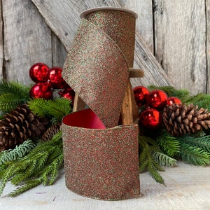 4&quot; Ruby Emerald Diamond Dust by Farrisilk, Farrisilk Ribbon, Christmas Ribbon, Designer Ribbon, REd Green Glitter Ribbon, Ribbon for Bows